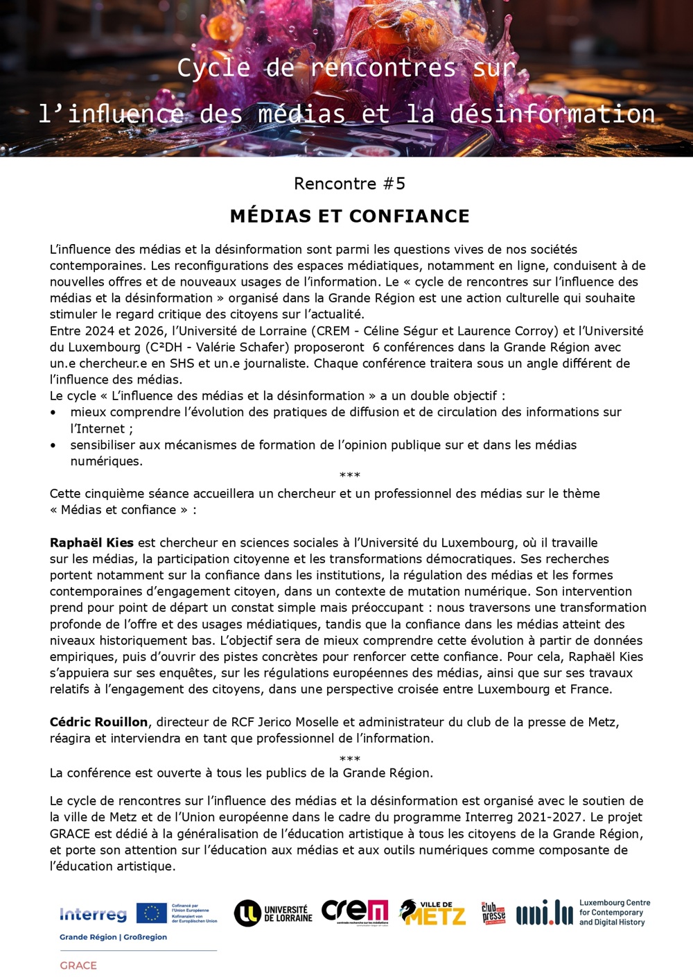 flyer Céline Ségur : [Interreg Grace 2024-2026] Médias et confiance