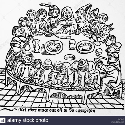 Gravure sur bois représentant une fête médiévale anglaise. Les Contes de Canterbury de Chaucer 1484