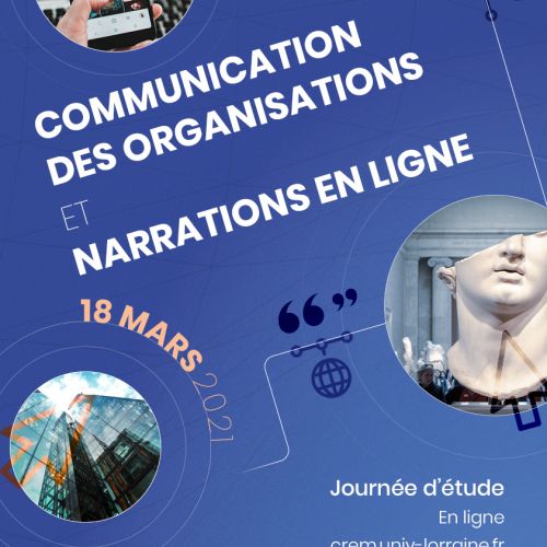 Affiche avec des images d'un immeuble d'entreprise, d'une statue de musée et d'un smartphone connectées avec des lignes blanches. Fond bleu
