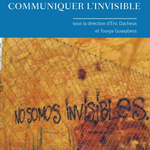 En tête bleue avec titre en blanc. En dessous image d'un mur en bois avec un tag "No sommes invisibles" noir et un grillage devant