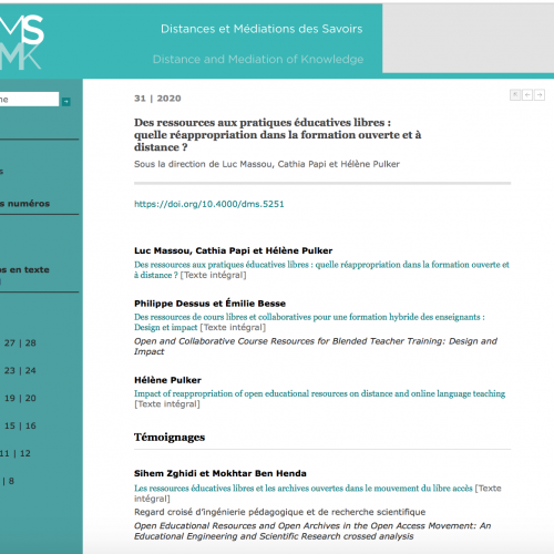 Revue sur OpenEdition. Le fond est blanc et les menu sont en turquoise.