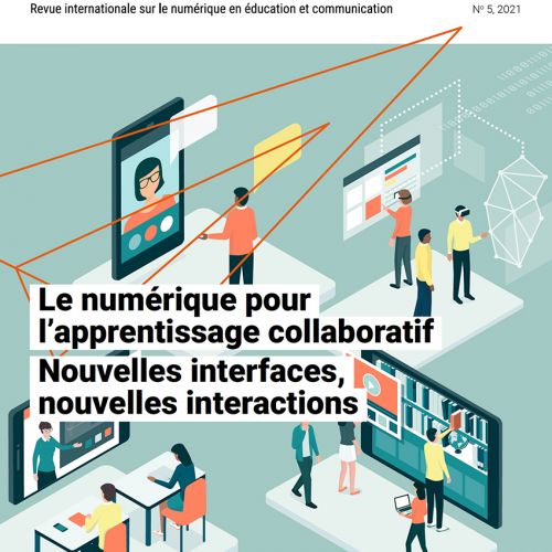Bandeau blanc avec le titre en haut. ne bas une image sur fond vert d'eau avec des écran interactifs utilisés par des personnages
