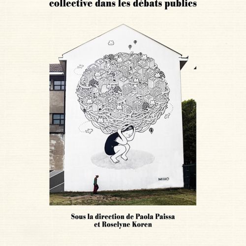 Le fond est beige avec au centre une image en noir et blanc. Il s'agit d'une face de maison avec le dessin d'une personne accroupie portant sur ses épaules tout un globe terrestre représenté par des branchages d'abord puis des immeubles à la façon du mégalopole.
