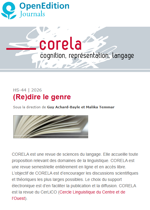 couverture pour Corela, HS-44 | 2026 : (Re)dire le genre