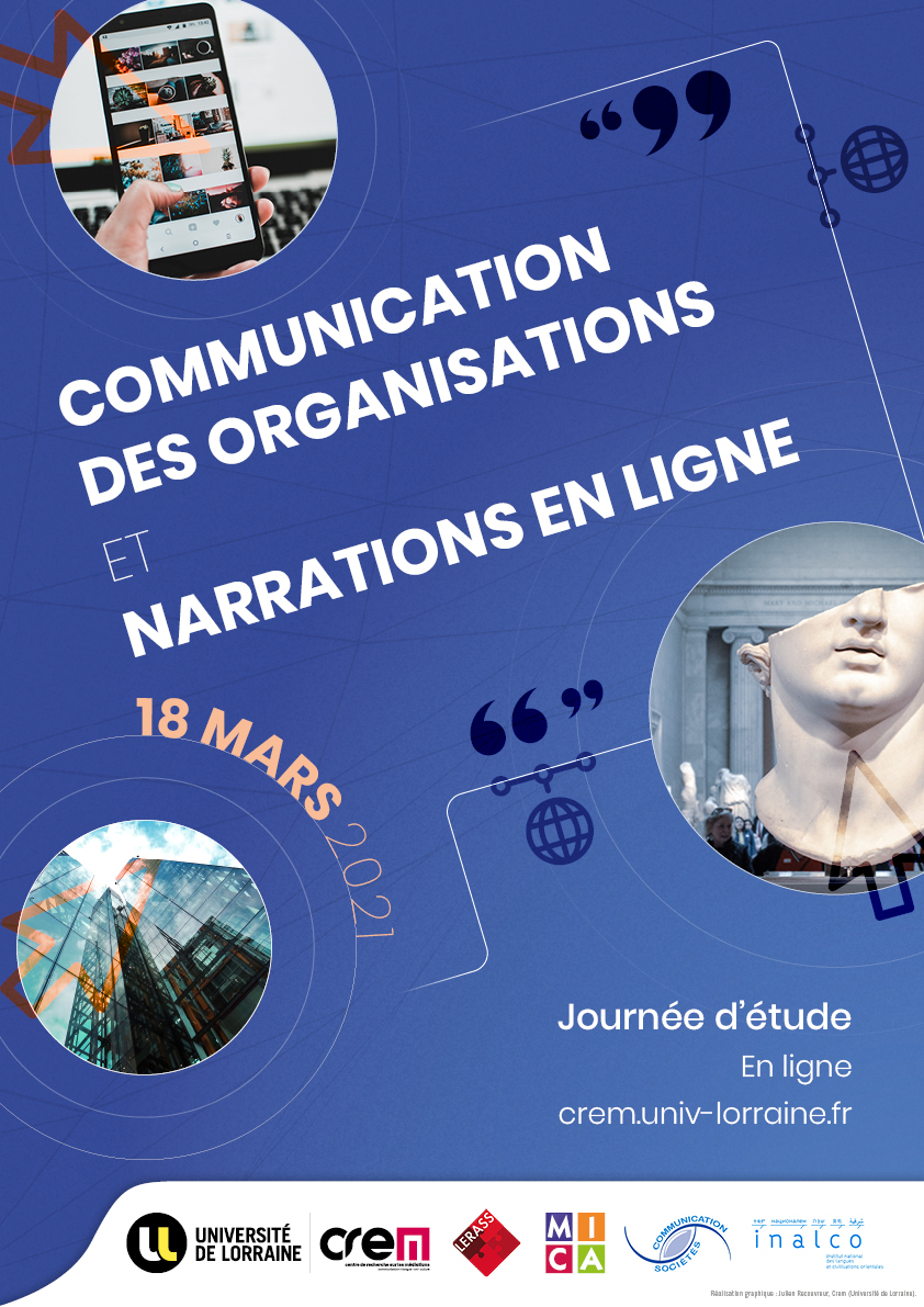 Affiche avec des images d'un immeuble d'entreprise, d'une statue de musée et d'un smartphone connectées avec des lignes blanches. Fond bleu