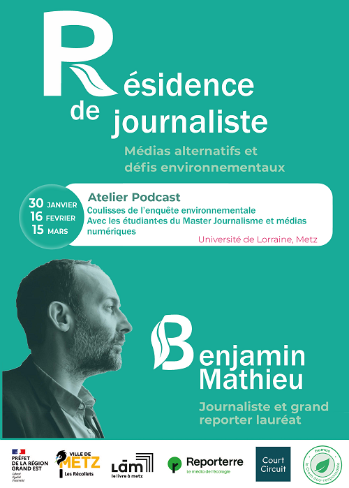 Affiche de la residence de journaliste avec la mention des ateliers podcast